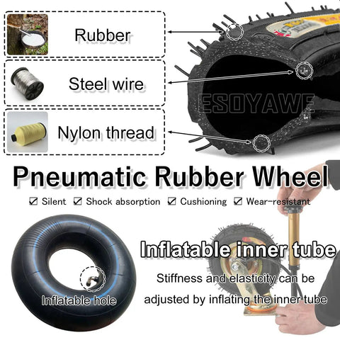 Close-up of Heavy Duty Pneumatic Rubber Swivel Casters with steel and nylon components, showcasing shock-absorbing design and inflatable tube.