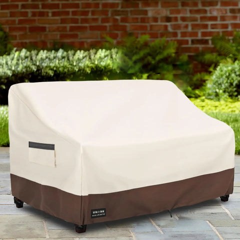 Outdoor Two Seater Loveseat Cover Waterproof Beefed Up Heavy Duty Patio Sofa Cover 58W x 33D x 32H Inches Beige And Brown Weatherproof Shield on patio.