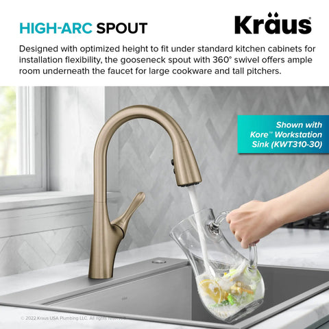 Merlin Transitional Pull-Down Kitchen Faucet With Single Handle Matte Black Finish in use filling a pitcher in a kitchen sink.