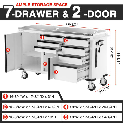 62 Inch By 20 Inch Rolling Tool Chest With 7 Drawers And 2 Doors, Stainless Countertop, Locking System, Heavy Duty Storage Cabinet For Garage, Shop, Or Kitchen, 1000 Lb Capacity front view with open doors