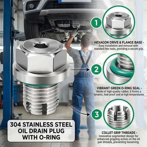 Upgrade Your Ride With This Heavy Duty M14x1.5 Piggyback Oil Drain Plug Made From Stainless Steel That Fixes Oversized Threads And Stops Leaks Like A Boss For Any Car Or Truck Engine Repair Job. 304 stainless steel oil drain plug with green O-ring