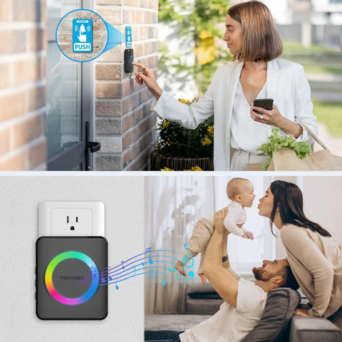Woman pressing doorbell; inset shows Wireless Doorbell Kit With Two Plug-In Receivers, IP65 Waterproof, 1300ft Range, RGB light.