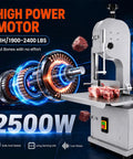 Beastly 2500W Meat Saw With 8 Stainless Steel Blades, 110V, cutting table and visible high power motor illustration.