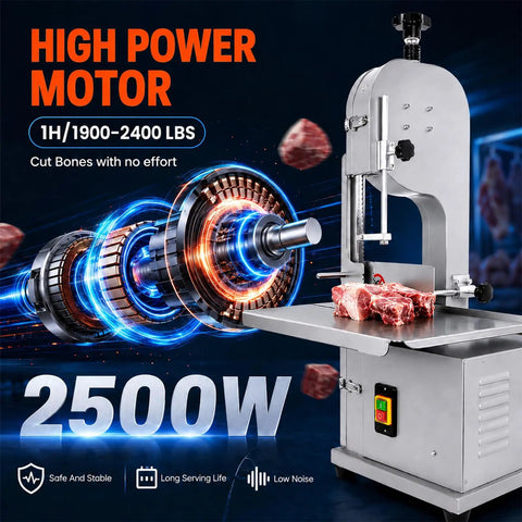 Beastly 2500W Meat Saw With 8 Stainless Steel Blades, 110V, cutting table and visible high power motor illustration.