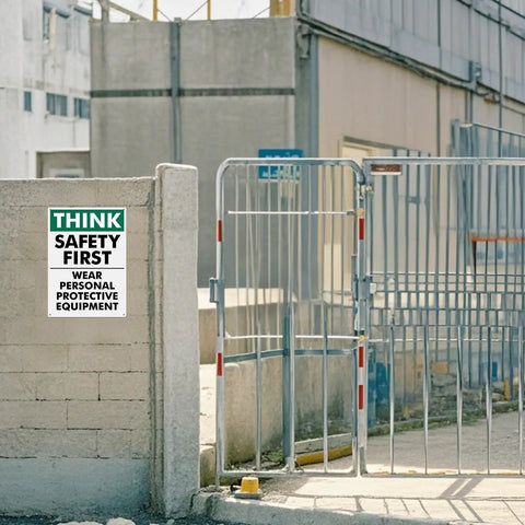 Think Safety First Signs 2 Pack, 14 by 10 Inches, Rust Free Aluminum With UV Protective Finish, Durable Workplace Safety Signs for Offices, Hallways, and Common Areas mounted on concrete wall