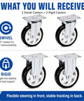 5 Inch Heavy Duty Caster Wheels Set Of 4 Black PU Tread With 2 Rigid And 2 Swivel Units showing swivel and rigid caster wheels.