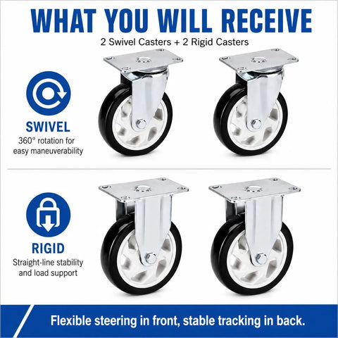 5 Inch Heavy Duty Caster Wheels Set Of 4 Black PU Tread With 2 Rigid And 2 Swivel Units showing swivel and rigid caster wheels.