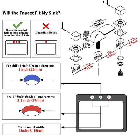 Installation diagram for Waterfall LED Bathroom Faucet In Oil Rubbed Bronze, 8 Inch Widespread Vanity Sink Faucet With Two Handles, 3 Hole Installation.