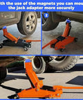 Precision Magnetic Socket Pad Welding Adapter With Robust Aluminum Alloy Construction For Frame Guide Rail Setup Ensures Secure Alignment And Durable Performance On Any Vehicle Job In Blue Set mounted on jack for secure alignment.