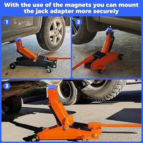Precision Magnetic Socket Pad Welding Adapter With Robust Aluminum Alloy Construction For Frame Guide Rail Setup Ensures Secure Alignment And Durable Performance On Any Vehicle Job In Blue Set mounted on jack for secure alignment.