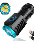 Beefy 2000 Lumens Type C Rechargeable Compact LED Flashlight For EDC Pocket Sized Lightweight For Camping Hiking And Outdoor Use With Battery Indicator And Quick Full Charge In About 1.2 Hours showing LED lights and charging cable