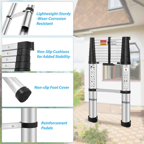 10.5 Ft Aluminum Telescoping Ladder With One Button Retraction Collapsible Extension For Home RV Attic And Loft Supports Up To 330 Lbs With Non Slip Cushions Lightweight And Easy To Carry, folded