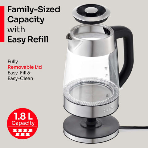 Rapid Boil Electric Tea Kettle 1.8L with borosilicate glass, stainless steel, BPA-free, LED indicator, auto shut off, boil dry protection