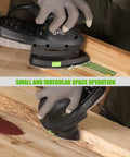 Pro Grade Electric Detail Sander with 12,000 OPM, 1.6 Amp Motor in use on tight woodworking space