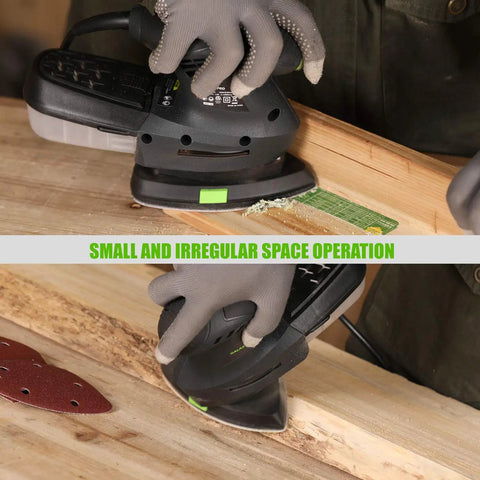 Pro Grade Electric Detail Sander with 12,000 OPM, 1.6 Amp Motor in use on tight woodworking space