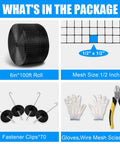 Heavy Duty Solar Panel Bird Guard Mesh Six Inches By 100 Feet Badass Protective Fence contents including clips, scissors, and gloves.