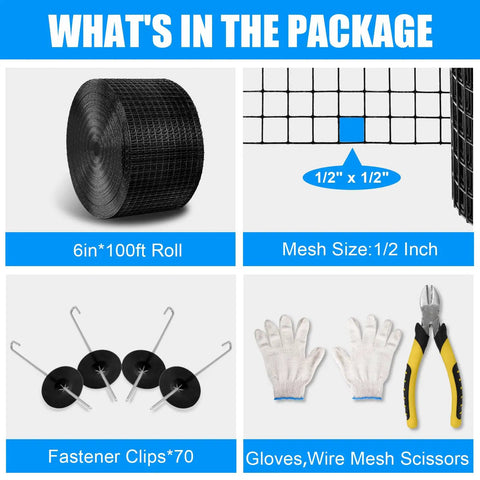 Heavy Duty Solar Panel Bird Guard Mesh Six Inches By 100 Feet Badass Protective Fence contents including clips, scissors, and gloves.