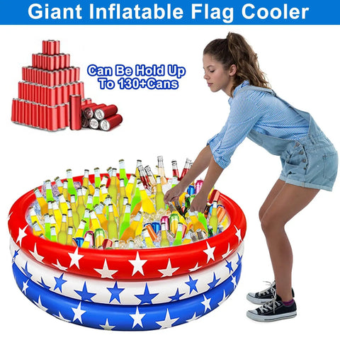 Patriotic Inflatable Cooler For Pool Parties With Big Ol 130 Plus Can Capacity, Giant Red White And Blue Flag Drink Cooler With Stars, 47 Inch Diameter, Perfect For 4th Of July Summer Pool Parties And Beach Luau Decor, holding cans with person for scale.