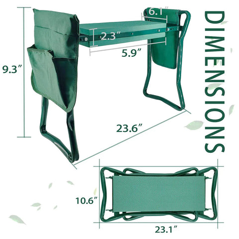 Foldable Garden Kneeler And Seat With Tool Pouches, Lightweight Multiuse Bench With Soft Kneeling Pad, dimensions shown