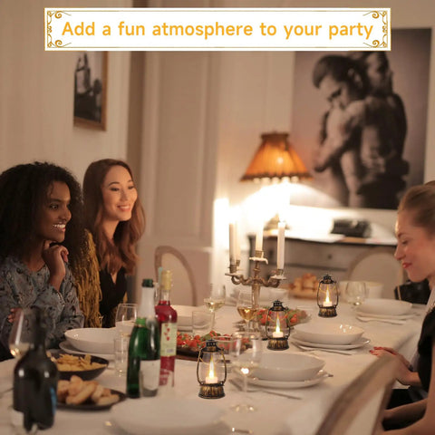 12 Pack Mini Lanterns With Flickering LED Candles on a dining table centerpiece with friends, cozy retro rustic decor for parties.