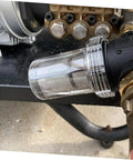 Heavy Duty Inline Water Sediment Filter for Garden Hose or Car Wash Rig with Quick Connect Fitting, clear mesh, installed on equipment.