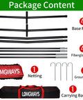 Package contents for 7x7 Baseball Practice Net With Sturdy Steel Frame including frame, fiberglass poles, netting, stakes, and bag