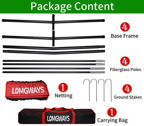 Package contents for 7x7 Baseball Practice Net With Sturdy Steel Frame including frame, fiberglass poles, netting, stakes, and bag