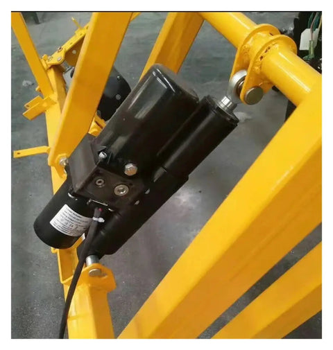 Super Tough DC Electric Linear Actuator With Badass Heavy Duty Hydraulic Push Rod System Designed For Rock Solid Truck Lifting And Steady 15000N Pull Force Delivery mounted on yellow framework.