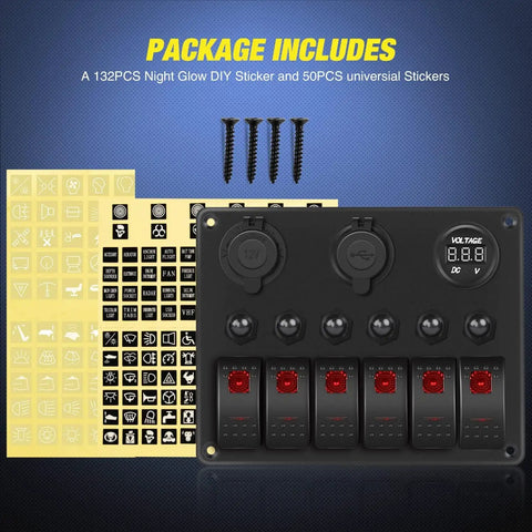 Six Gang Rocker Switch Panel With Red Backlit 12V 24V LED Voltmeter, Dual USB Charger 3.1A, stickers and screws included