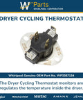 Genuine OEM Dryer Cycling Thermostat Replacement Part WP3387134, silver base with terminals, for DIY home appliance repair.