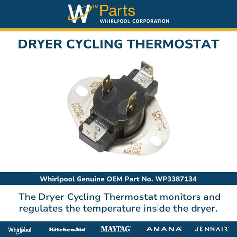 Genuine OEM Dryer Cycling Thermostat Replacement Part WP3387134, silver base with terminals, for DIY home appliance repair.