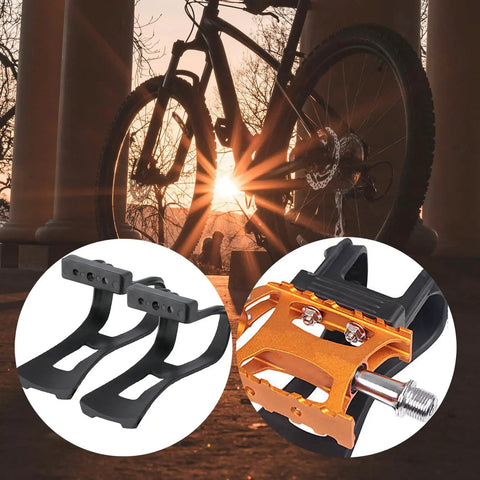 Half Toe Clip Pedals Strapless Universal Fit for Road Bike Mountain Bike and Exercise Bike beside silhouette of bicycle