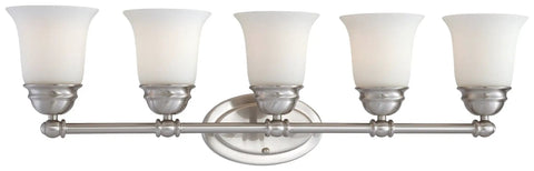 Bella Bath Light In Brushed Nickel 6.5 Inch Depth By 31 Inch Wide By 9 Inch High Etched Glass Reversible Mounting Up Or Down A19 Bulb Not Included