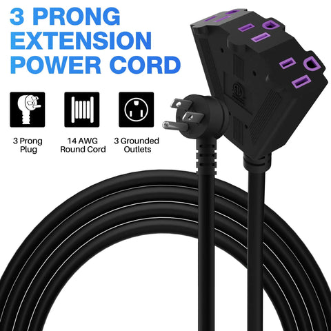 Beefy 100 Ft Heavy Duty Outdoor Extension Cord With 3 Outlets, 12/3 12AWG SJTW, 3 Prong 90 Degree Angled Plug, ETL Listed