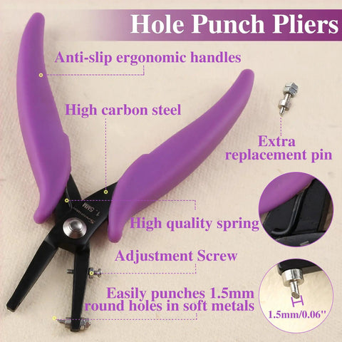 1.5mm Round Hole Punch Pliers For Soft Sheet Metal with ergonomic purple handles and replacement pin for jewelry making