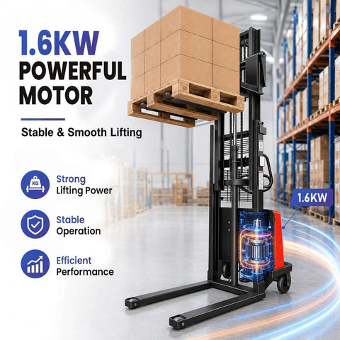 Heavy Duty Semi Electric Pallet Stacker Brings Built Different Capacity To Your Warehouse 48V Battery Powers Smooth Forklift Action For Night Shift Hauls And Bulk Cargo Moves No Cap At All with 1.6KW motor lifting pallets in a warehouse.