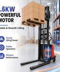 Heavy Duty Semi Electric Pallet Stacker With A Hella Tough 3300 Lb Capacity And Snappy 94.8 Inch Lift for efficient warehouse lifting.
