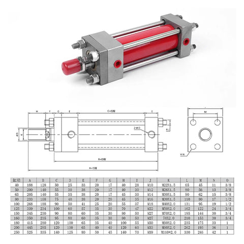 Image of Double-Acting Tie Rod Hydraulic Cylinder Heavy-Duty Lift System HOB200X400 Series with technical specifications chart.