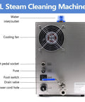 Back view of 4L Steam Cleaning Machine with labeled components for foot pedal, water inlet, and cooling fan.