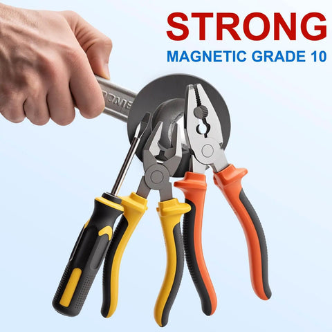 Two Pcs Big Ol Ferrite Ring Magnets Grade 10 holding pliers and screwdriver, 4 inch outer diameter, industrial use.