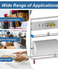Solid Commercial Packaging Dispenser With Cut Blade And Brake Wheels, Heavy Duty Wrap Paper Cutter Stand For Bubble Film, shown in logistics packaging use.