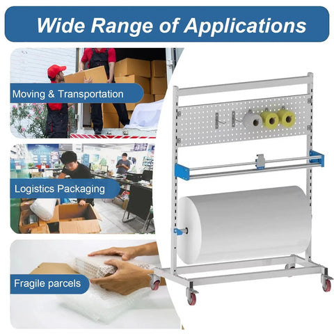 Solid Commercial Packaging Dispenser With Cut Blade And Brake Wheels, Heavy Duty Wrap Paper Cutter Stand For Bubble Film, shown in logistics packaging use.
