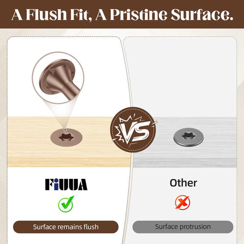 Comparison image showing Genuine Tough Number Eight X 2 Inch Deck Screws With Star Drive Heads and flush surface feature.