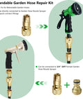 Brass Flexible Garden Hose Repair Kit With Quick Connector Collapsible Hose Adapter For Three Quarter Inch GHT Female Hose Fits Most Retractable Hoses Easy Fix For Your Damaged Hose Fast Save Money, shown with green nozzle and brass fittings.