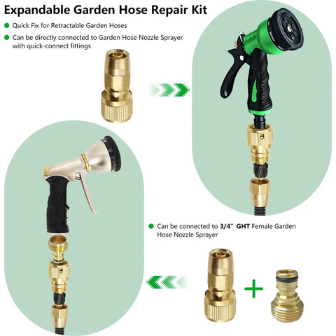 Brass Flexible Garden Hose Repair Kit With Quick Connector Collapsible Hose Adapter For Three Quarter Inch GHT Female Hose Fits Most Retractable Hoses Easy Fix For Your Damaged Hose Fast Save Money, shown with green nozzle and brass fittings.