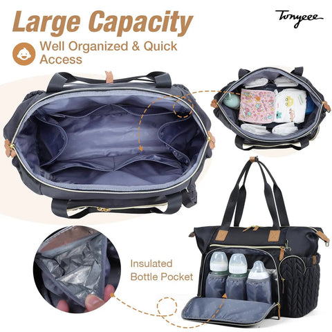 Large Waterproof Diaper Tote Bag For Hospital Labor Delivery With Pacifier Case And Changing Pad, open compartments view