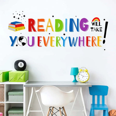 Reading Will Take You Everywhere Inspirational Quote Wall Decal Sticker For Nurseries Classrooms Playrooms And Kids Study Rooms Motivational Phrase Decor That Kids Will Love For Bedrooms Libraries Gifts in colorful letters on a wall above a desk.