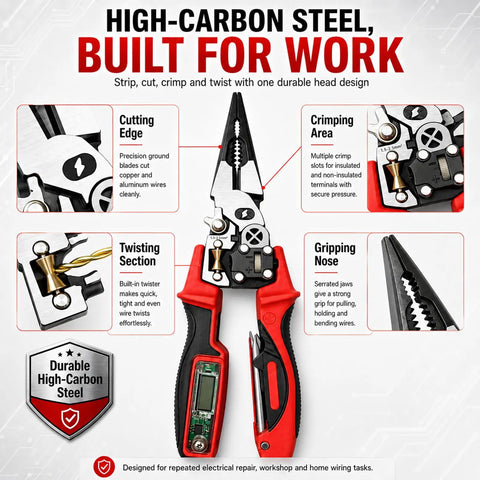 4-in-1 Wire Stripping and Testing Pliers Electrician’s Multitool With Stripping Cutting Crimping and Voltage Testing features durable high-carbon steel construction.