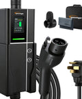 Level One And Two EV Charger 40 Amp 25 Ft Portable J1772 Nema 1450 Station with display and charging plug components.