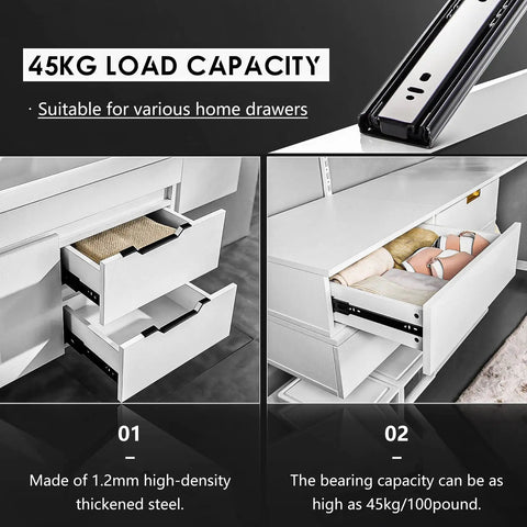 Full Extension Drawer Slides Pair 8 To 24 Inch, 100 LB Load Capacity shown supporting drawers in cabinets.